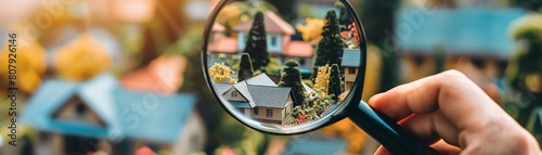 Hand holding magnifying glass over a miniature house. The concept of searching for a new home, real estate, and property investment.