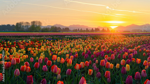 A breathtaking vista of a sunset over a field of tulips, their vibrant colors shimmering in the last rays of sunlight before nightfall.