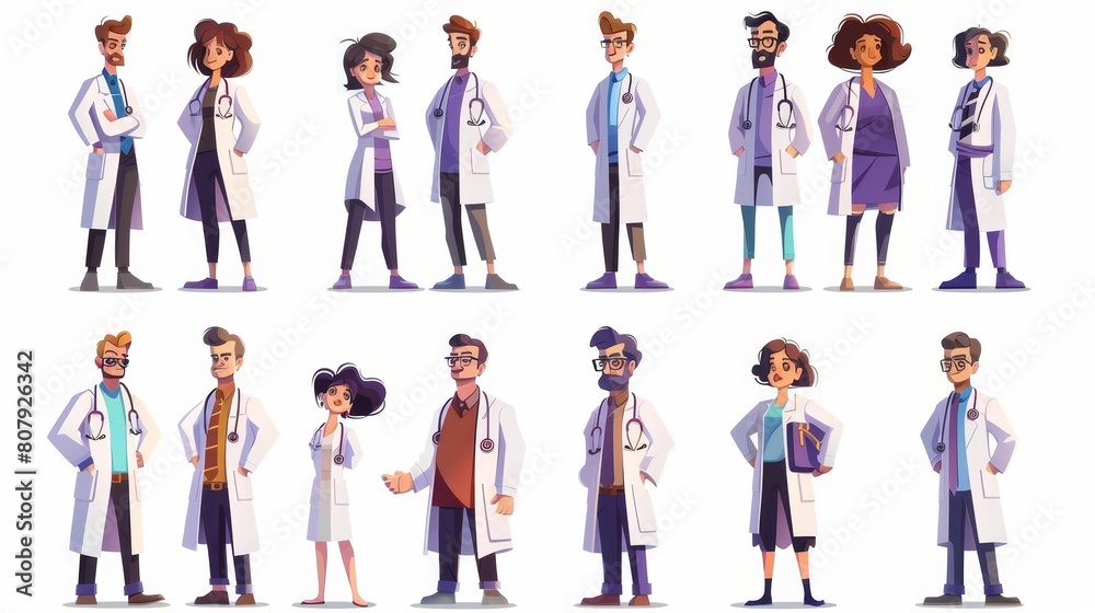 Modern illustrations of a cartoon doctor character team with male and female staff members. Standing therapist with stethoscope isolated on white background.