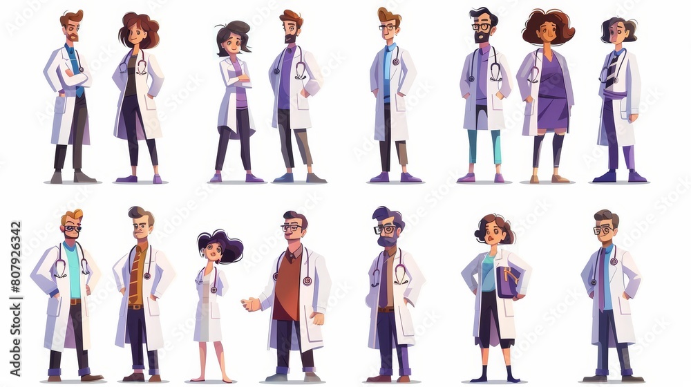Modern illustrations of a cartoon doctor character team with male and female staff members. Standing therapist with stethoscope isolated on white background. Modern illustrations of a cartoon doctor character team with male and female staff members. Standing therapist with stethoscope isolated on white background.
