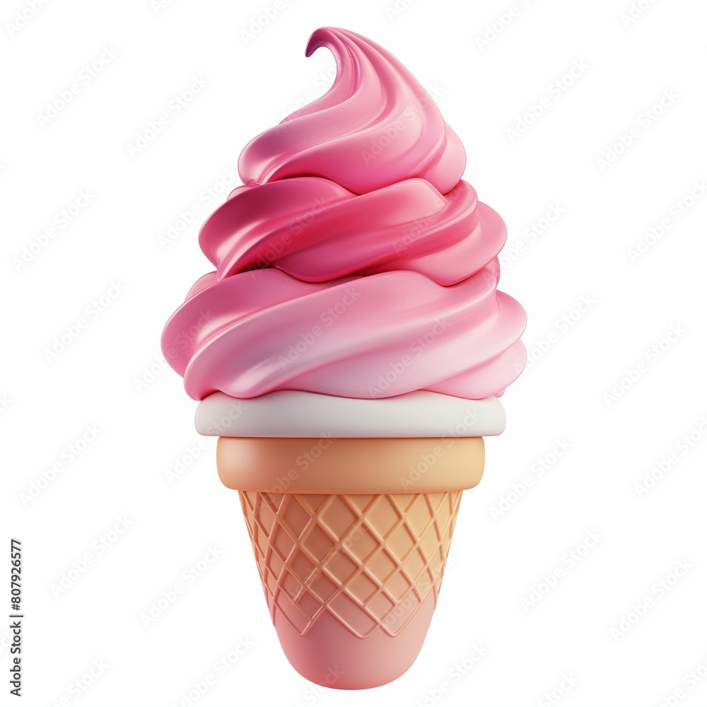 Cute Pink Ice Cream Cartoon Clay Illustration, 3D Icon, Isolated on white background