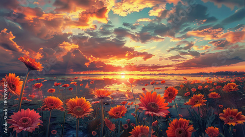 A captivating view of a sunset over a field of gerbera daisies  their cheerful blooms reflecting the warm hues of the evening sky.