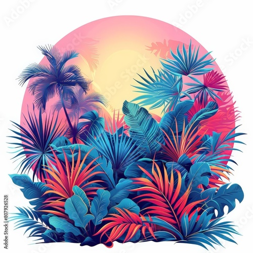 tropical foliage illustration featuring a vibrant red flower and a lush green leaf, set against a stunning sunset backdrop © YOGI C