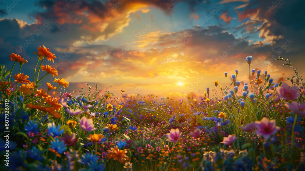 A captivating view of a sunset over a field of wildflowers, their myriad colors blending together in a riot of natural beauty. A captivating view of a sunset over a field of wildflowers, their myriad colors blending together in a riot of natural beauty.