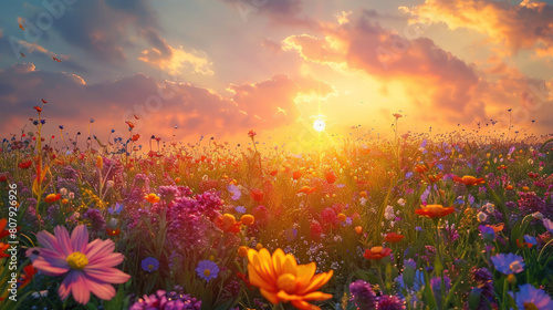 A captivating view of a sunset over a field of wildflowers  their myriad colors blending together in a riot of natural beauty.