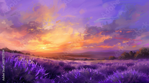 A mesmerizing view of a sunset over a field of lavender, the sky painted in shades of purple and gold as the day comes to a close.