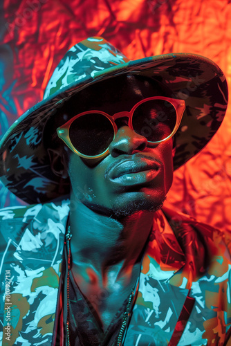 A man wearing sunglasses and a hat is standing in front of a red background (ID: 807927131)