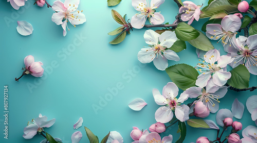 Beautiful spring nature background with lovely blossom, petal a on turquoise blue background , top view, frame. Springtime concept. --ar 16:9 --s 250