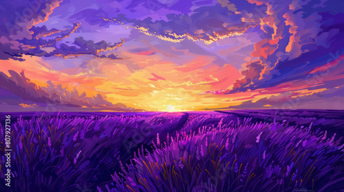 A mesmerizing view of a sunset over a field of lavender  the sky painted in shades of purple and gold as the day comes to a close.