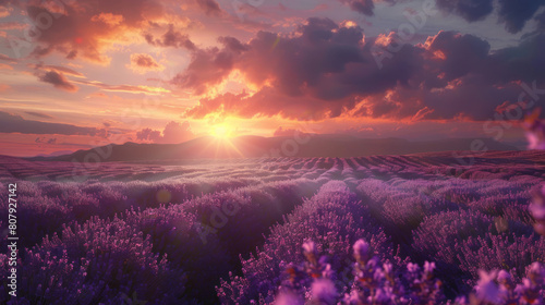 A mesmerizing view of a sunset over a field of lavender, the sky painted in shades of purple and gold as the day comes to a close.