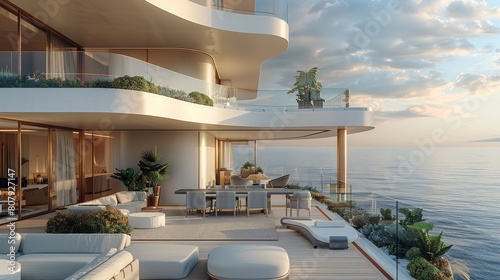 The terrace overlooking the ocean  new development modern condo. Generative AI.