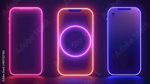 Modern technology mockup of 3D smartphone with blank touchscreen isolated on transparent background. Modern illustration of mobile phone mockup with blank touchscreen in blue circle frame.