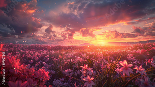 A mesmerizing view of a sunset over a field of orchids, their exotic blooms bathed in the soft, ethereal light of evening.