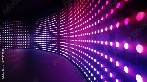 Light panel concave monitor digital texture with dot pattern and scene. Curved Cinema glittering diode pixel technology modern backdrop illustration. photo