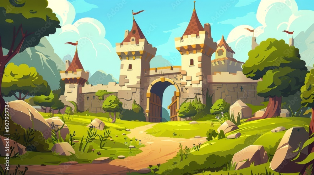 A path to fairytale palace fairytale fantasy game illustration. Road to a magical nobility chateau with gate and tower in green valley.