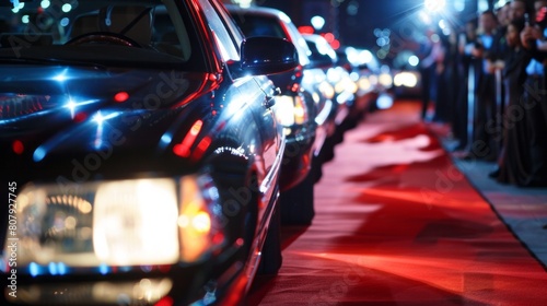 A line of luxury limousines parked outside a glamorous red carpet event,embodying the sophistication and prestige associated with VIP transportation and celebrity culture photo