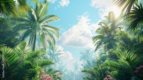 tropical paradise with palm trees and pink flowers under a blue sky with white clouds