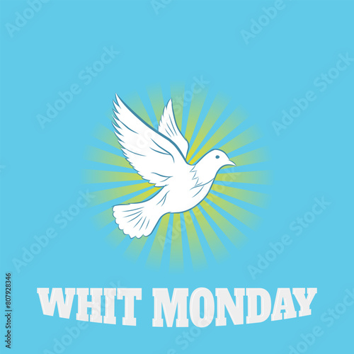 Whit Monday illustration image background with dove and bright yellow sun for invitation, greeting card, banner, backdrop, poster