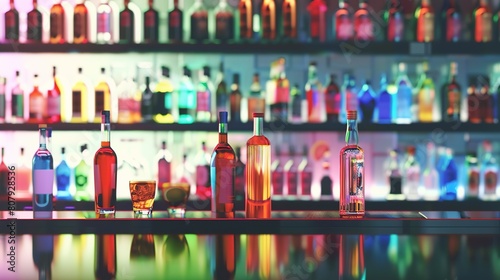 Colorful alcoholic drinks and cocktails on the reflective surface of the bar counter. Blurred shelves with bottles on the background