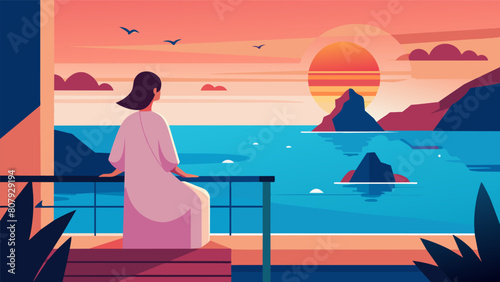 At a seaside resort a spa guest watches the sunset from their private balcony reflecting on the Stoic concept of finding inner peace and tranquility. Vector illustration