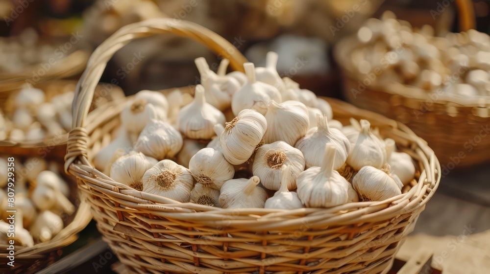 basket full of fresh garlic, surrounded endless field with green plants, creating a natural environment basket full of fresh garlic, surrounded endless field with green plants, creating a natural environment