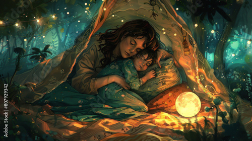 A mother and her child snuggled up in a blanket fort, sharing secrets and dreams late into the night.