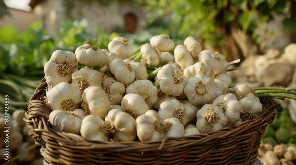 basket full of fresh garlic, surrounded endless field with green plants, creating a natural environment basket full of fresh garlic, surrounded endless field with green plants, creating a natural environment