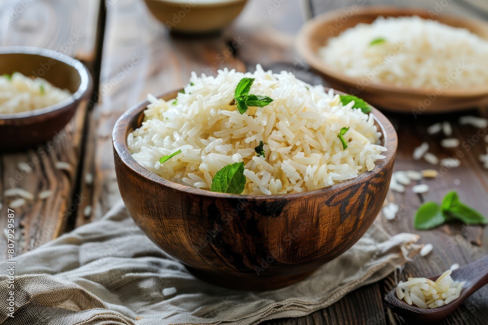 Bowl of rice with garlic and parsley on a wooden table Bowl of rice with garlic and parsley on a wooden table