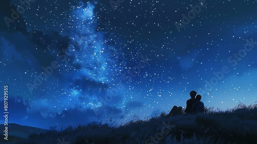 A mother and her child stargazing together, marveling at the beauty of the night sky and sharing dreams. photo