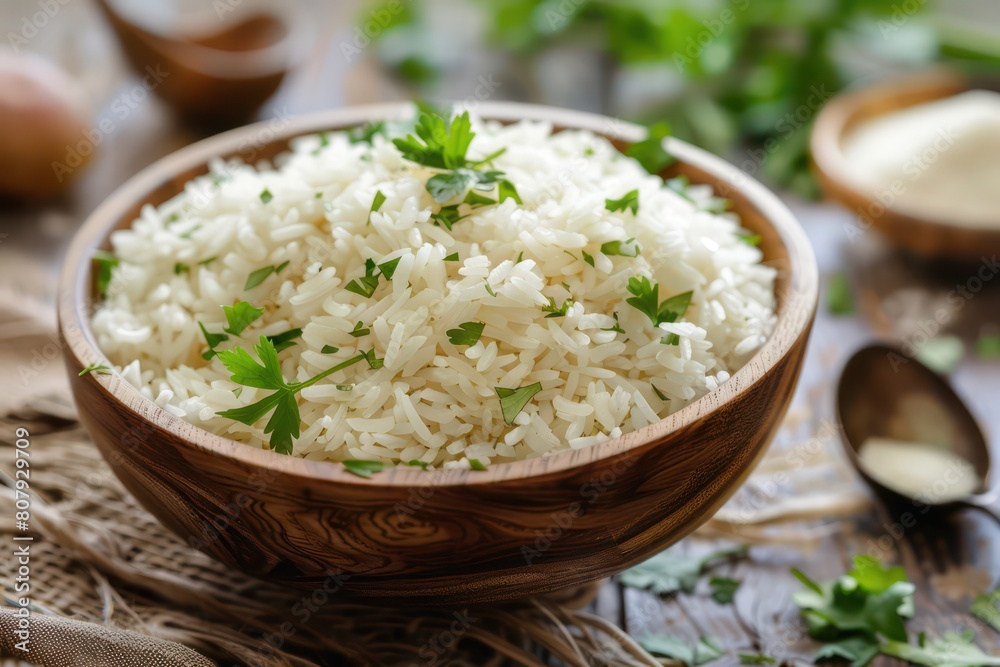 Bowl of rice with garlic and parsley on a wooden table Bowl of rice with garlic and parsley on a wooden table