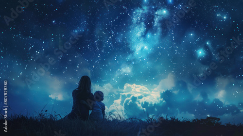 A mother and her child stargazing together  marveling at the beauty of the night sky and sharing dreams.