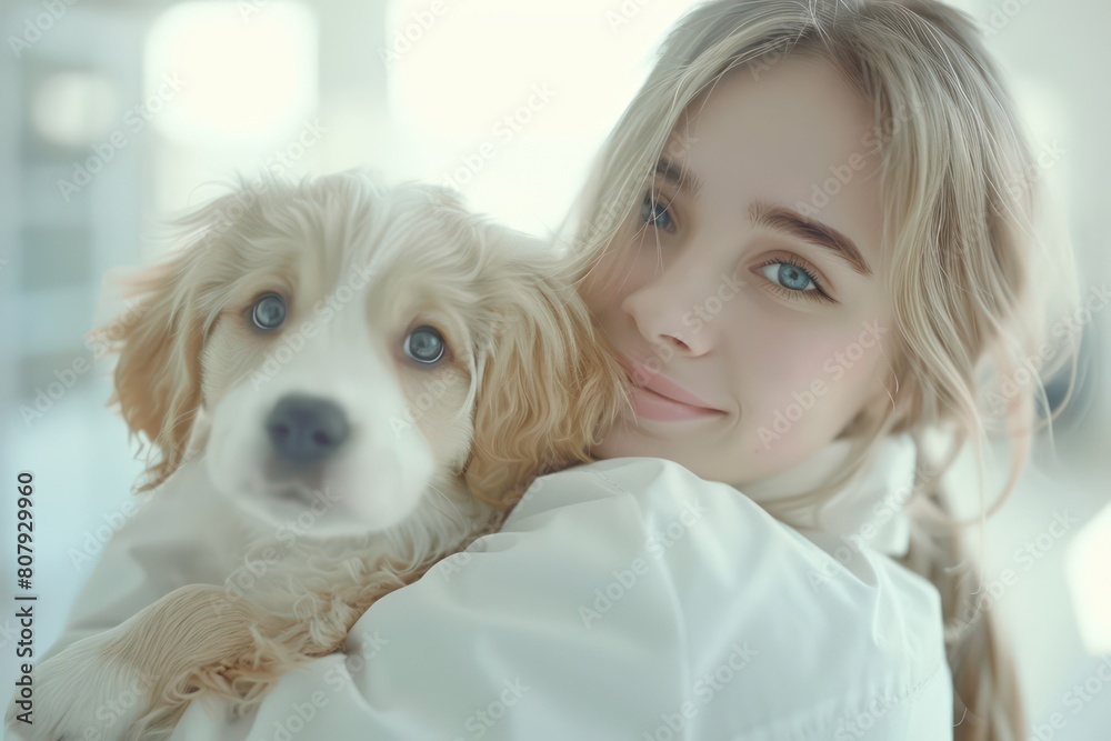 veterinarian doctor holding a dog in her arms, bright hospital room veterinarian doctor holding a dog in her arms, bright hospital room