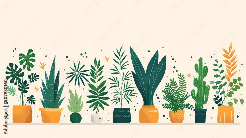 vector illustration of plants in various pots, including a green plant, an orange pot, and a white vase, arranged on a shelf against a white wall vector illustration of plants in various pots, including a green plant, an orange pot, and a white vase, arranged on a shelf against a white wall