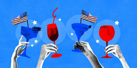 Poster. Contemporary art collage. group of people holding glasses of wine and cocktails and cheering. Grainy fabric effect. Concept of Independence day of USA, celebration of 4th July, patriot.