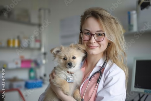 veterinarian doctor holding a dog in her arms  bright hospital room