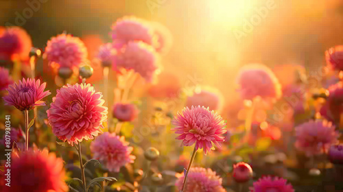 A picturesque tableau of a sunset over a field of chrysanthemums  their colorful blooms glowing in the warm  golden light of evening.