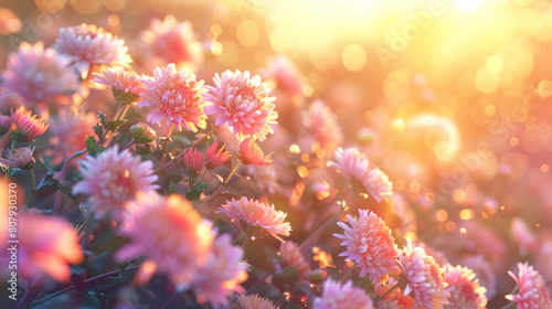A picturesque tableau of a sunset over a field of chrysanthemums, their colorful blooms glowing in the warm, golden light of evening. © Santy Hong