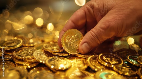Gold coins, pile of gold coin , shiny and golden, background is the treasure room of an ancient pirate king