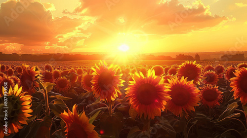 A picturesque tableau of a sunset over a field of sunflowers, their golden faces turned toward the setting sun as if in silent reverence.