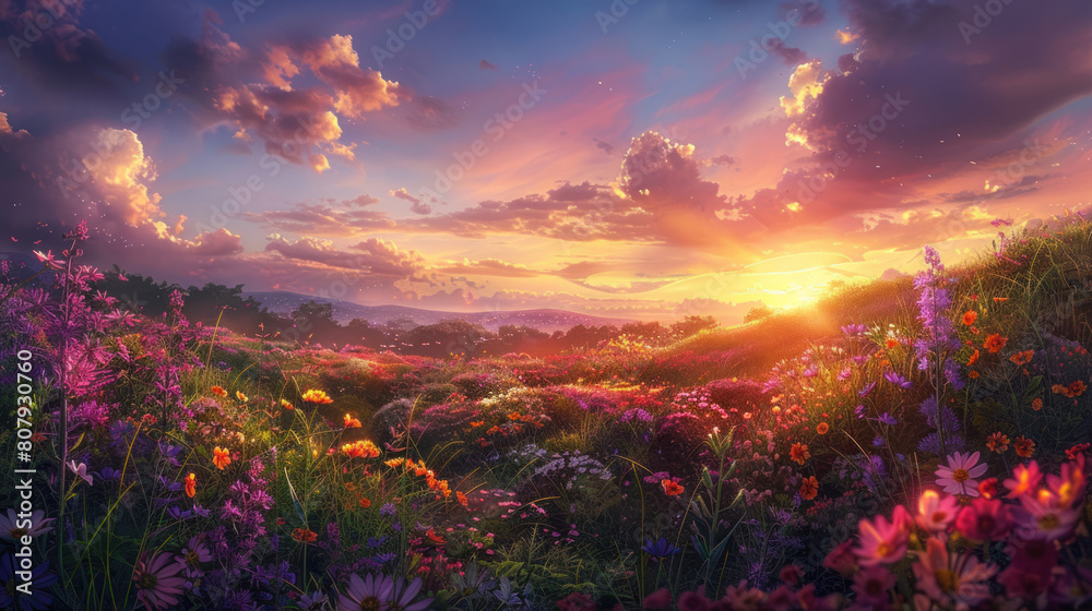 An enchanting panorama of a sunset over a meadow filled with cosmos flowers, their delicate petals dancing in the evening breeze. An enchanting panorama of a sunset over a meadow filled with cosmos flowers, their delicate petals dancing in the evening breeze.