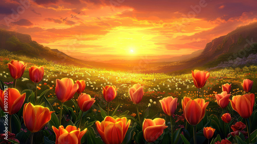 A stunning sunset casting a warm  golden glow over a field of vibrant tulips  creating a scene of breathtaking beauty.