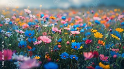 vibrant wildflower meadow with a variety of pink  purple  yellow  and blue flowers