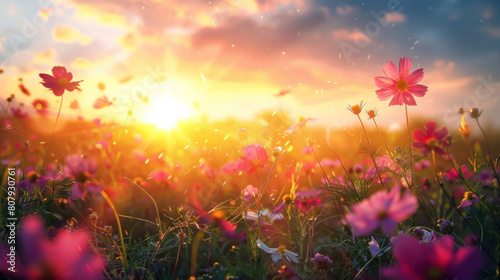 An enchanting panorama of a sunset over a meadow filled with cosmos flowers, their delicate petals dancing in the evening breeze. © Santy Hong
