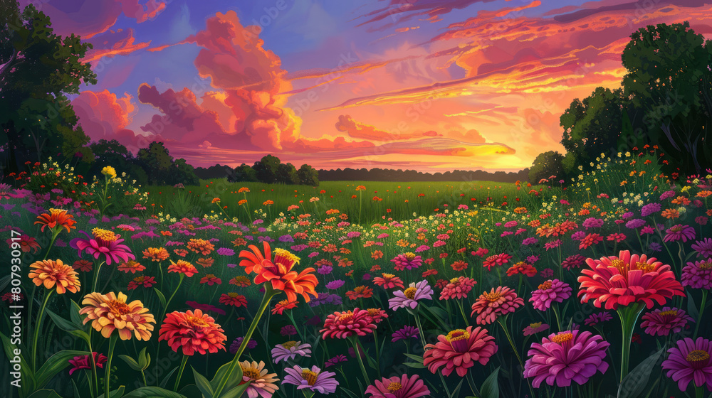 An enchanting panorama of a sunset over a meadow filled with zinnia flowers, their vibrant colors ablaze in the fading light of day.