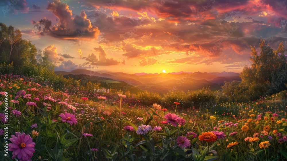 Fototapeta premium An enchanting panorama of a sunset over a meadow filled with zinnia flowers, their vibrant colors ablaze in the fading light of day.
