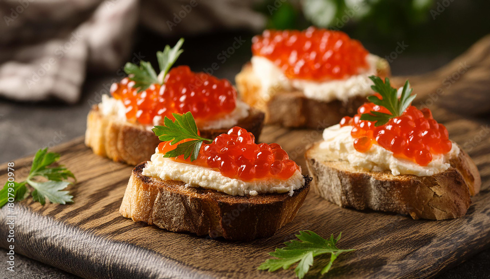 Bruschetta with cream cheese and red caviar on wooden board. Delicious snack. Tasty delicacy. Bruschetta with cream cheese and red caviar on wooden board. Delicious snack. Tasty delicacy.