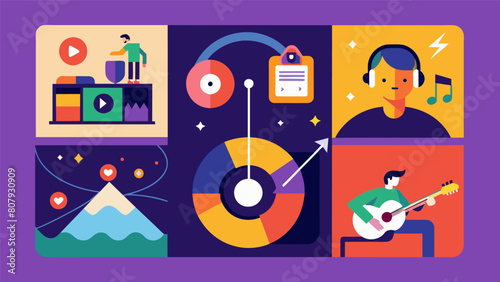 As the record continues to play we see scenes and images change each one perfectly synchronized with the music. Vector illustration
