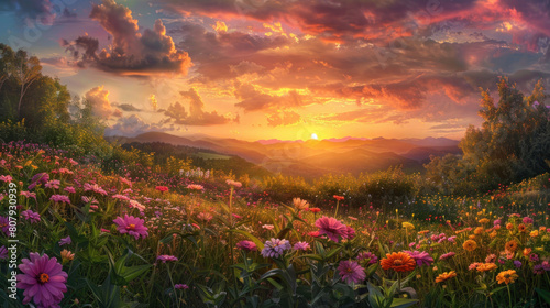 An enchanting panorama of a sunset over a meadow filled with zinnia flowers, their vibrant colors ablaze in the fading light of day.