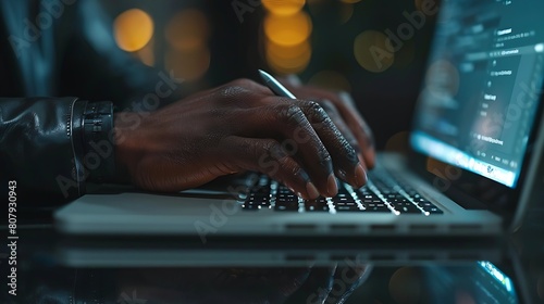 black man's hands are typing on an open laptop, with code displayed on the screen