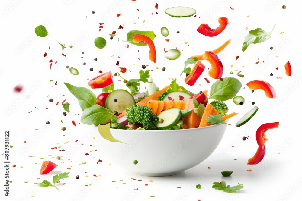 Flying vegetable salad ingredients over transparent and white bowl. Vitamins and healthy eating concept. High quality photo Flying vegetable salad ingredients over transparent and white bowl. Vitamins and healthy eating concept. High quality photo